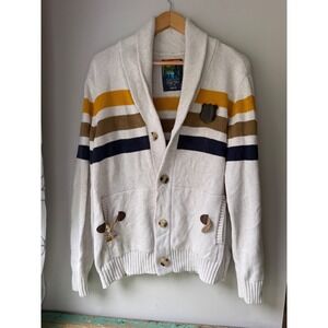 Born Fly Mens Shawl Collar Cardigan Sweater Large Striped Elbow Patch Cotton L